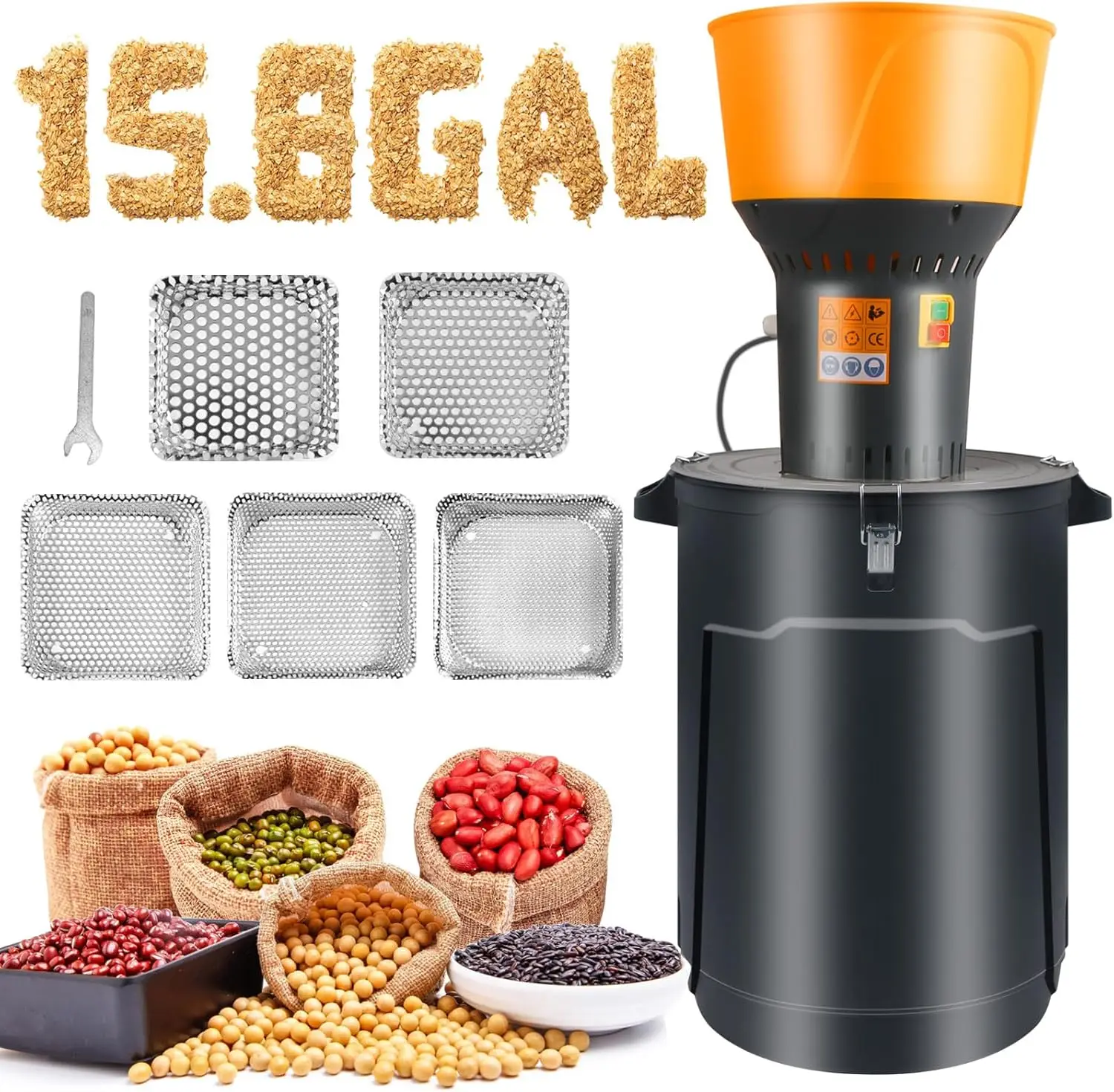 

15.8 Gallon/60L Electric Dry Grain Grinder with 5 Sieves, 1300W Dust-Free Corn Grinder Wheat Grinder for Home & Farm Flo