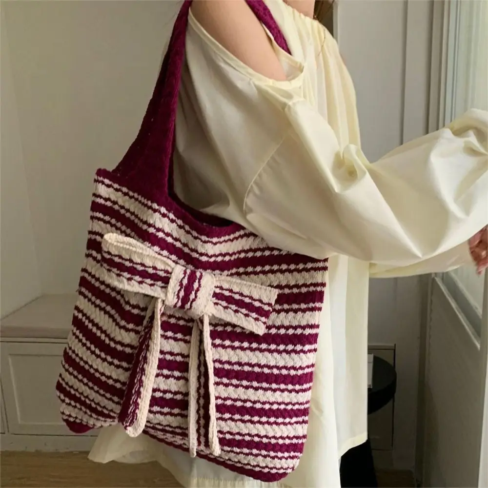 أنيقة القوس مخطط الكروشيه حمل حقيبة اليدوية سعة كبيرة المنسوجة حقيبة كتف متعدد الألوان عادية اليد محبوك حقيبة السيدات/الفتيات