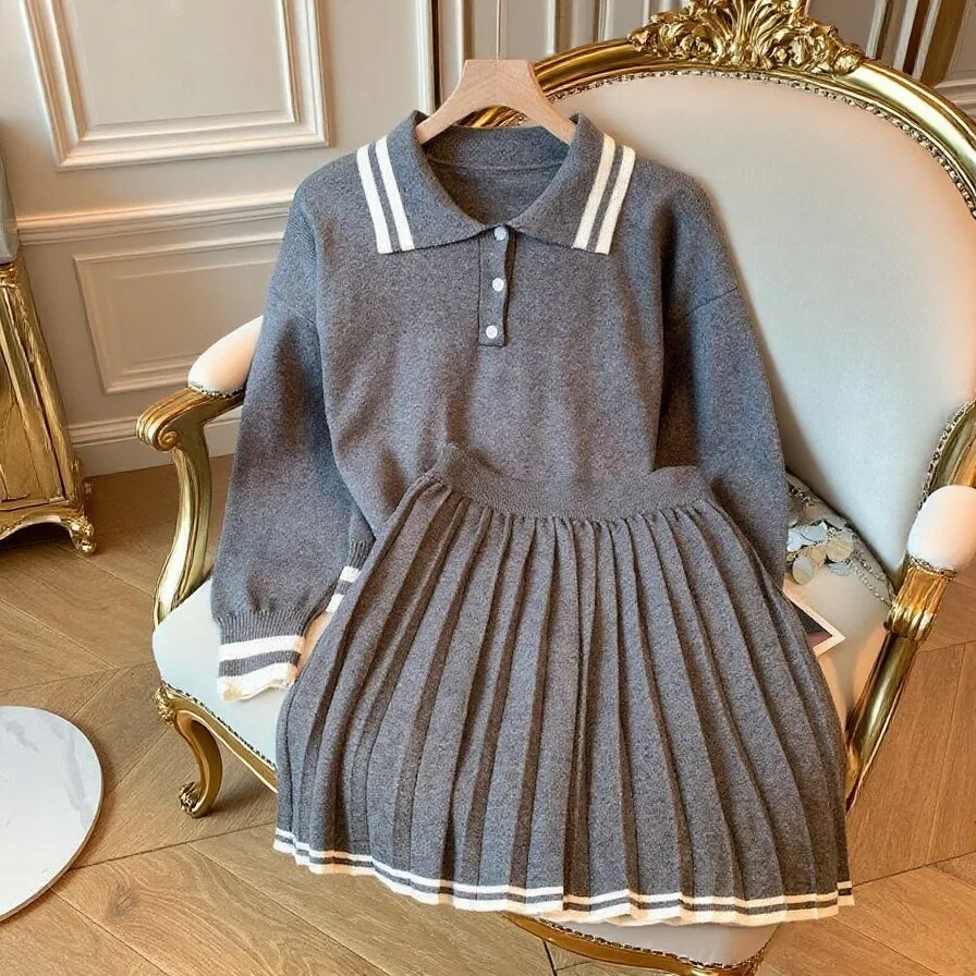 

Korean Style Casual Loose Print round Neck Versatile Sweatshirt Skirt Set Women's Fashion High Waist Pleated Skirt