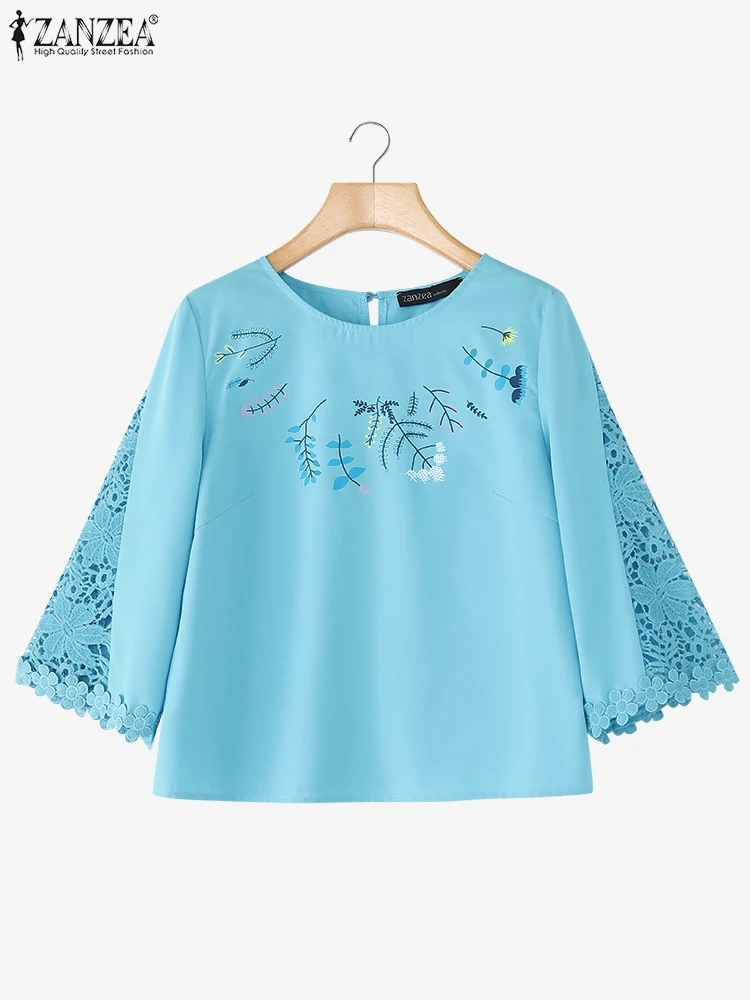 

2025 ZANZEA Fashion Women Blouse Lace Patchwork Printed Tunic Tops Autumn 3/4 Flare Sleeve Vintage Casual Loose Oversized Blusas
