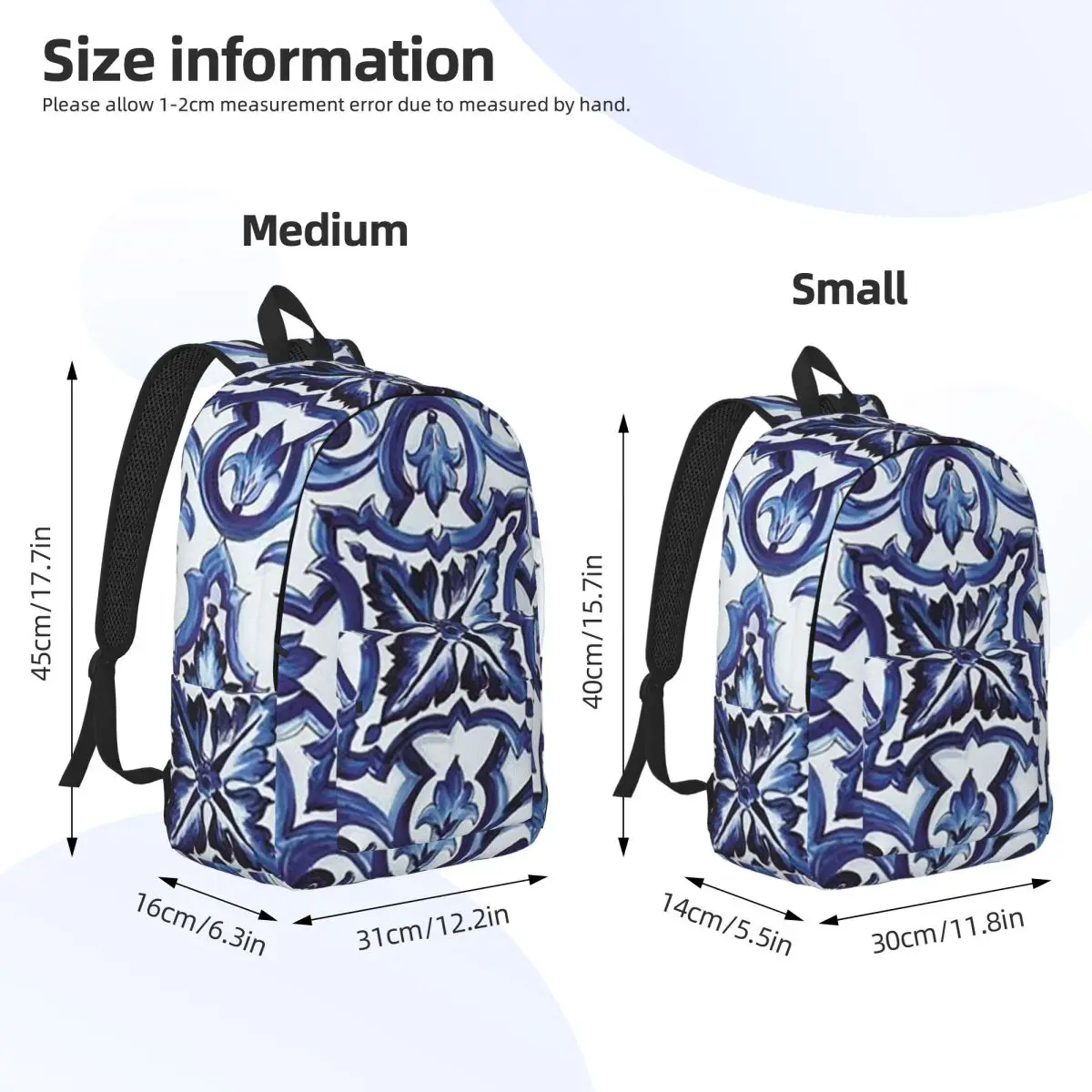 Blue Ornate Floral Mediterranean Sicilian Tile Backpack Daypack Large Capacity Kids BookBag School Bag Shoulder