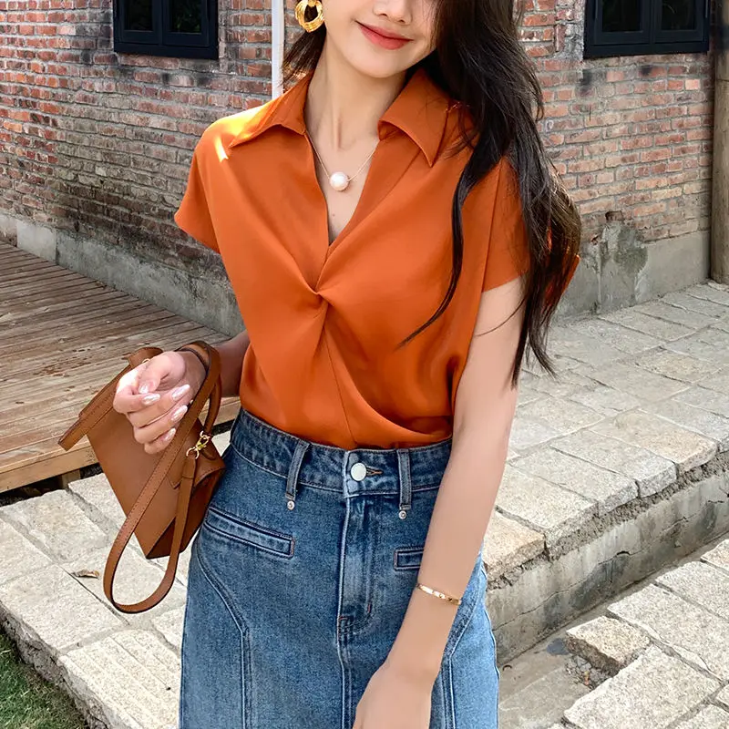 Temperament Pleated Shirt Tops Summer New Polo Neck Short Sleeve Loose Solid Color Youth Blouse Office Fashion Women Clothing