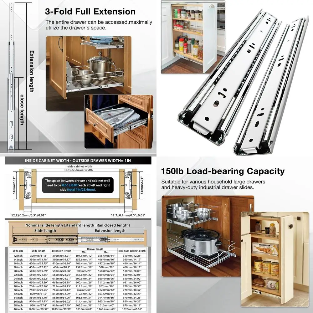 

Усиленные выдвижные направляющие для боковых креплений, размеры 12-40 дюймов, грузоподъемность 73 фунта на пару