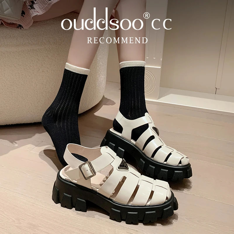 

ODS Leather Gladiator Sandals Women Round Toe Openwork Weaving Roman Shoes Women 2024 Summer Fashion Casual Flat Shoes Outdoor