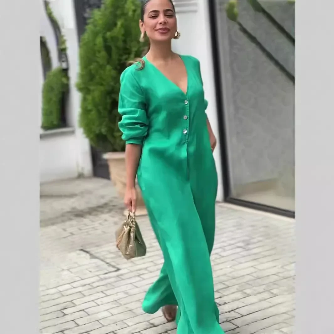 Women Jumpsuits Sexy Jumpsuit Solid Colour V Neck Buttons Streetwear Wide Leg Pants Loose Female 2024 Temperament Rompers