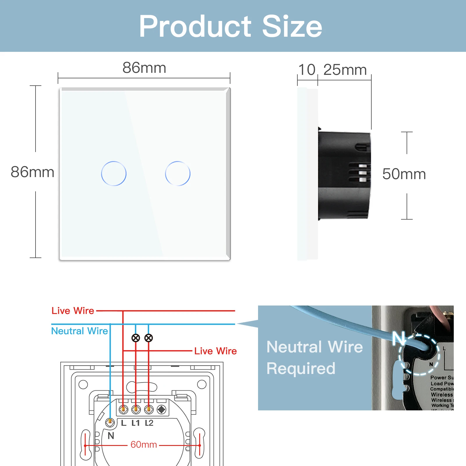 Bseed Wifi Smart Switch 1/2/3Gang Light Touch Switch Need Neutral Wire Crystal Glass Panel For Tuya Google Alexa Smart Life