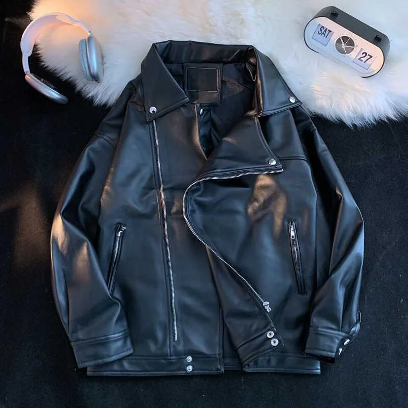 Heavy Fried Street Cargo PU Leather Coat Men's Pu Handsome Loose Ins Trendy Lapel Motorcycle Clothing Leather Jacket Outerwear