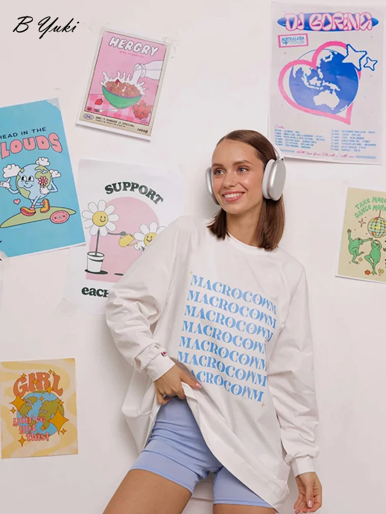 Blessyuki Oversized Cotton Leeter Printed T-Shirts Women Simple Long Sleeve Thick Chic Pullover Foe Ladies Vintage Streewear Top