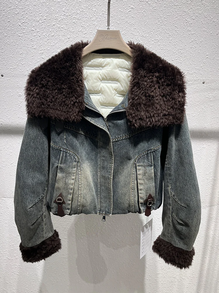 Mode femmes hiver chaud duvet d'oie veste en jean réel mérinos col de fourrure de mouton épais vêtements de luxe Parkas femme doudoune