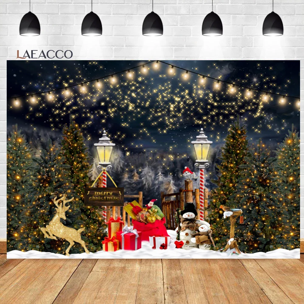 

Laeacco Bokeh Snow Christmas Tree Backdrop Glitter Street Lamp Snowfield Sonwman Kids Child Portrait Photography Background