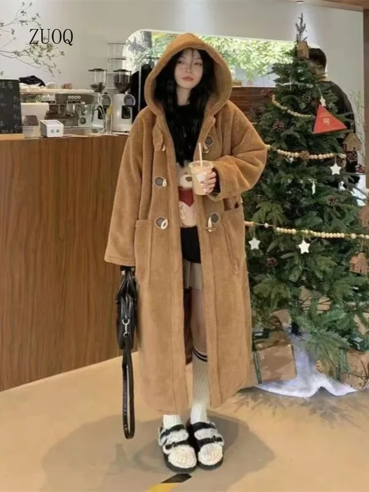 

2025 New Wool Coat Women Autumn /Winter Double Breasted Solid Long Sleeve Preppy Style Mid-length Office Lady Hooded Coat Woman