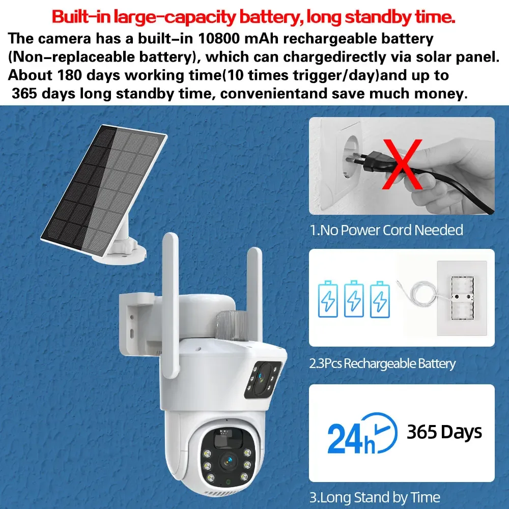 Caméra de permission Extérieure avec Panneau Solaire, Objectif Touriste, Carte Sim 4G, Vision Nocturne, Alarme PIR, Audio Bidirectionnel, Wifi, 4K