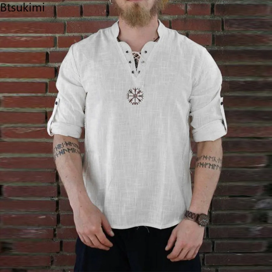 

Cotton and Linen Fashion Embroidery Long and Short Sleeves Stand Up Collar Shirt for Men Solid Color Stand Up Collar Shirt Male