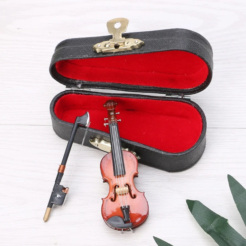 7CM Mini Violin Miniature Musical Instrument Wooden Model with Support and Case for Your House Decoration, Collection Gift