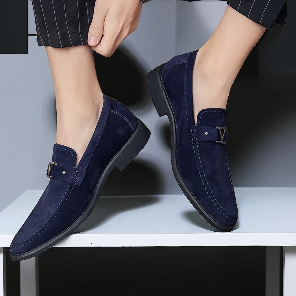 New Black Loafers Men Flock Shoes Business Blue Breathable Slip-On Solid Shoes Handmade  Size 38-48