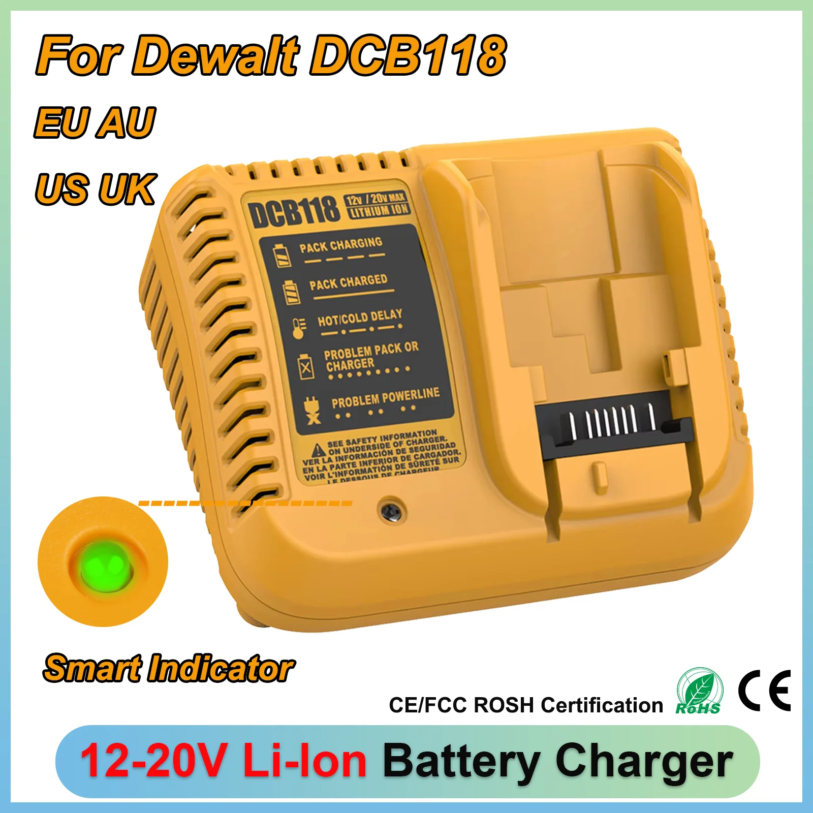 Cargador de batería DCB118 para Dewalt de 20V, 3A, de iones de litio, cargador de repuesto para Dewalt de 18V con LED, compatible con DCB120, DCB140, DCB200