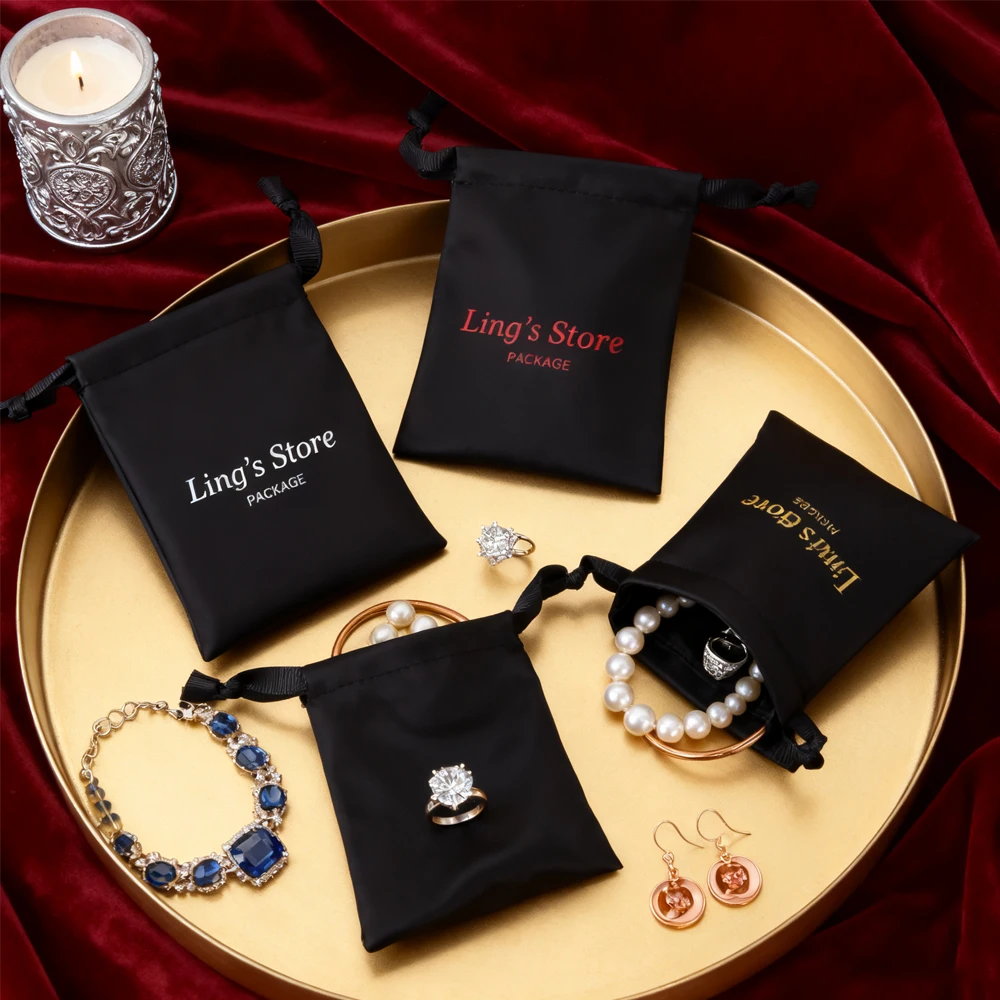 

100 шт., черные подарочные пакеты с логотипом на шнурке, свадебные пакеты для упаковки конфет, шелковые атласные ювелирные изделия, косметический контейнер, однотонный