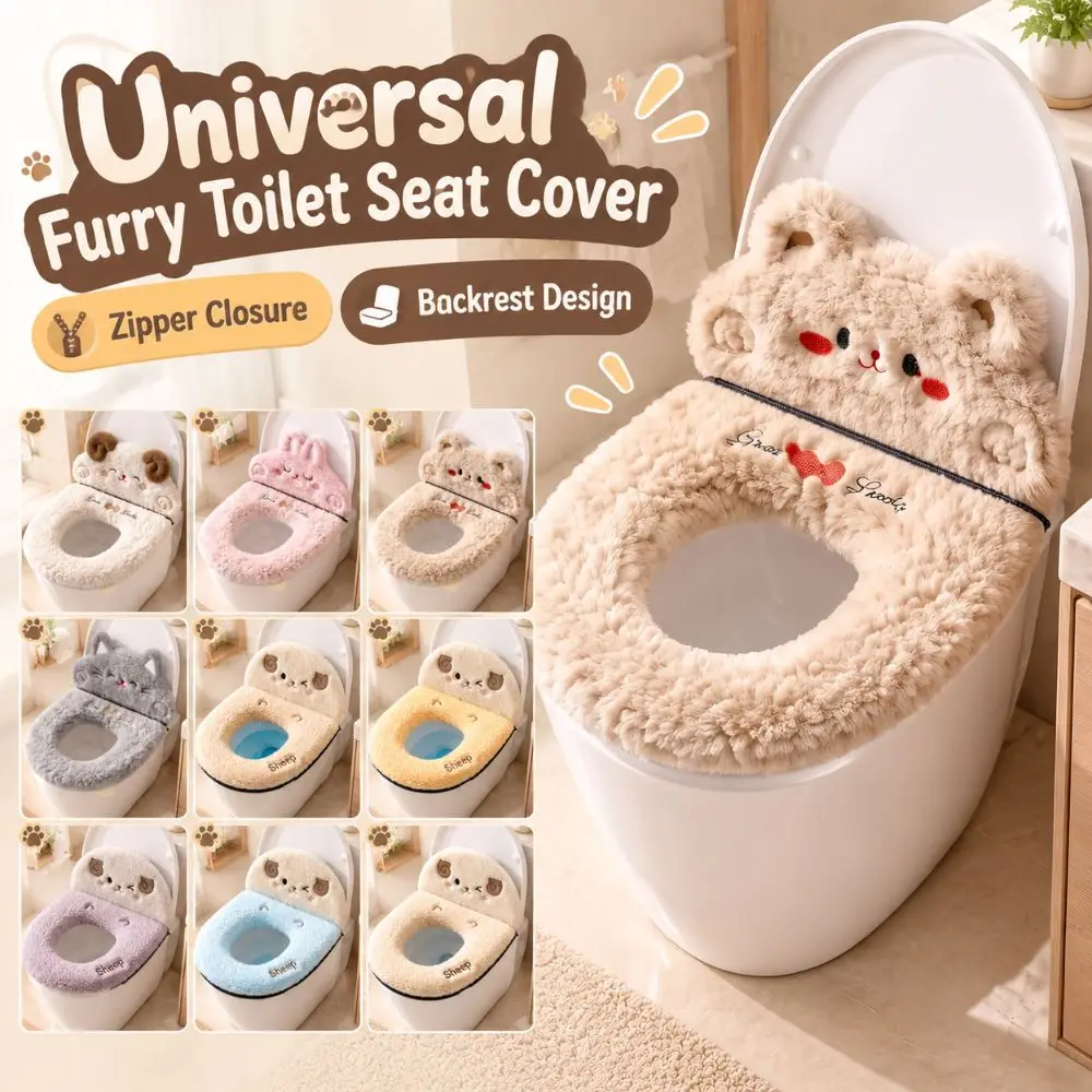 Zipper Closure Toilet Seat Cushion Backrest Design Thickened Furry Toilet Cover Washable Soft Bathroom Toilet Pad Autumn Winter