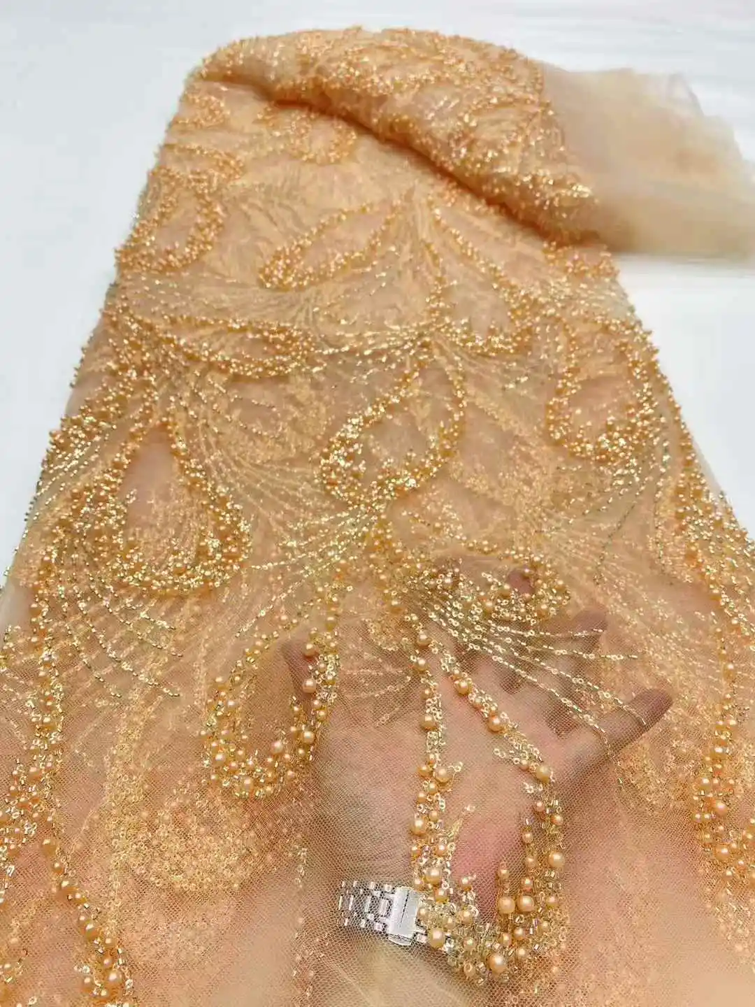 Luxury African Sequins Beaded Lace Fabric 2025 High Quality Groom Nigerian Wedding Bridal Embroidery French Tulle Sewing-DP