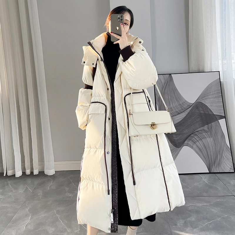 

Winter Hooded Down Jacket Women 2023 New Korea Ladies 90%White duck down Thicken Parkas Coat Fashion Temperament Long Overcoat