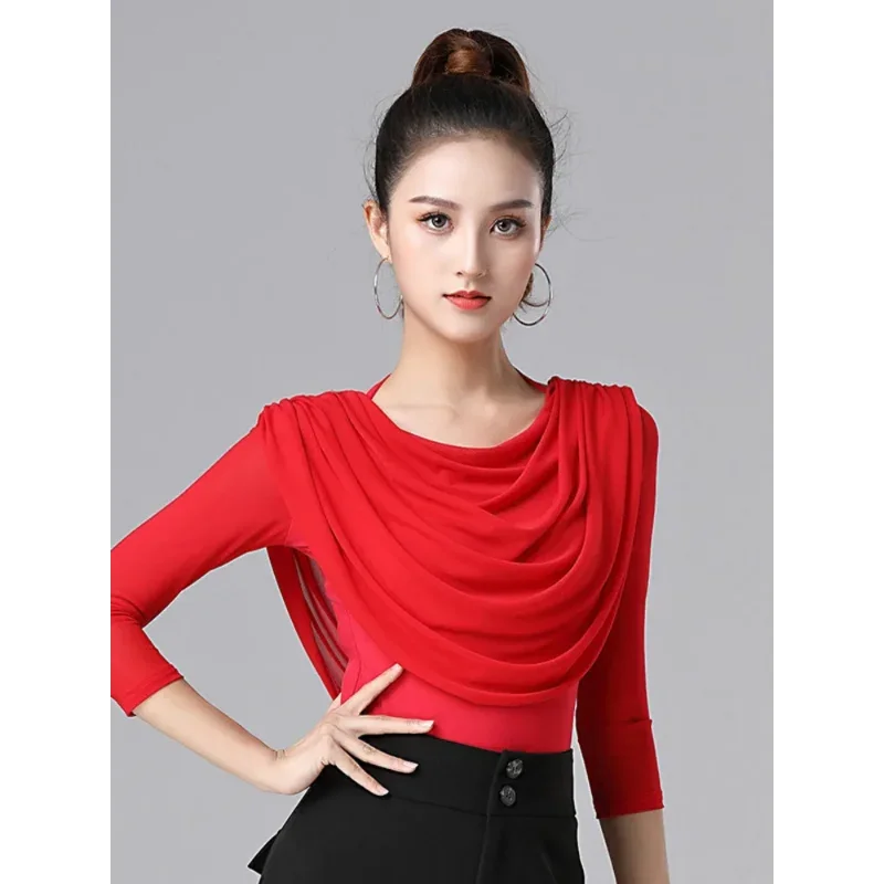 เสื้อขอบจีบเข้ารูปแบบสลิมฟิตสง่างามเสื้อเต้นลาตินของผู้หญิงเครื่องแต่งกายทันสมัยสำหรับผู้ใหญ่แบบวอลทซ์เสื้อผ้าแซมบ้าสีทึบ