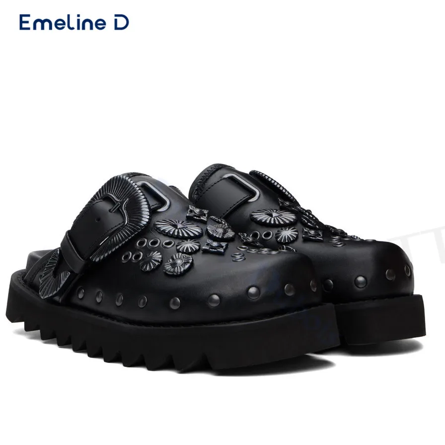 

Black Hardware Studded Slip-On Slippers Round Toe Thick Sole Slip-On Trend Slippers Fashion Designer Casual Women's Shoes