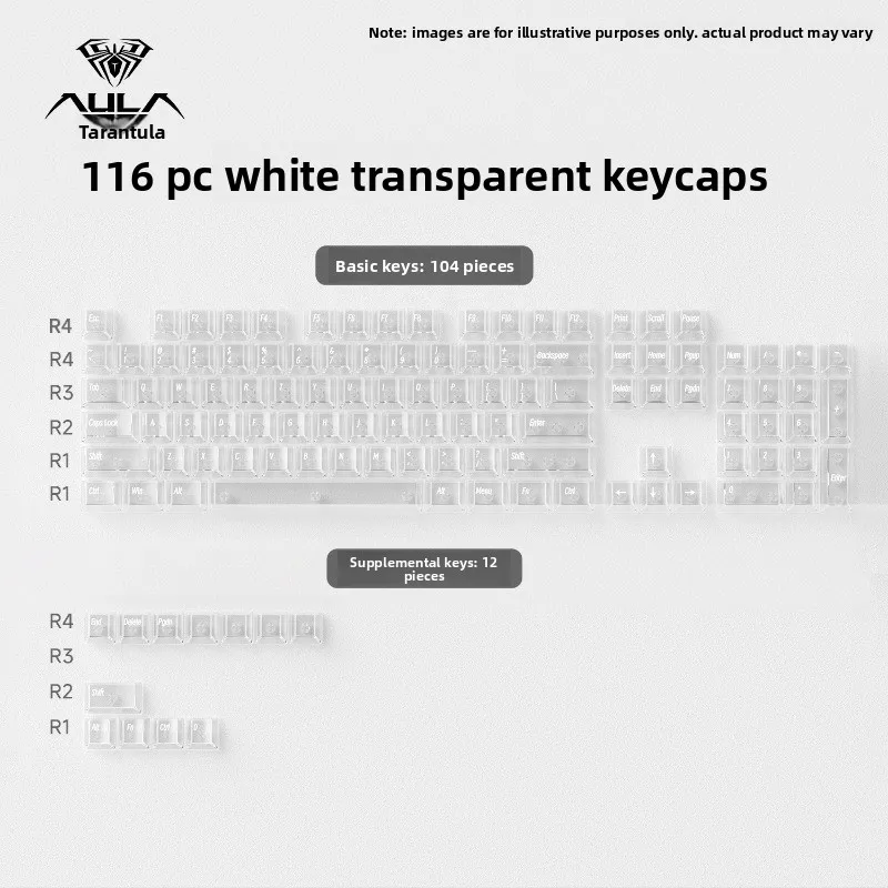 AULA Ice Crystal Transparent Keycap Set PC Original Height 116PCS Light Transmission Compatible with F87/F99/F75 Keyboard
