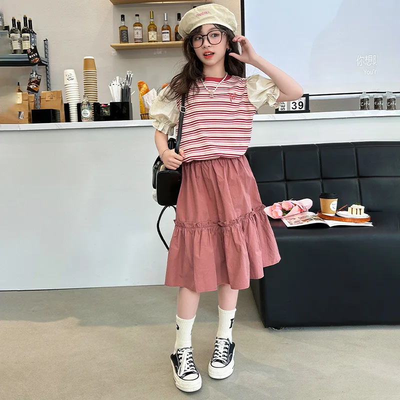 

Girls Suits Summer Dress 2024 New Western Style Children Summer Dress Girls Preppy Two-piece Set Clothes Simple Casual