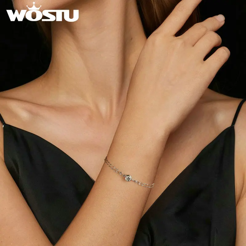 WOSTU 5MM 0.5CT Moissanite Double Layer Chain Bracelet Women 925 Sterling Silver Wedding Link Bracelets GRA Certified Jewelry