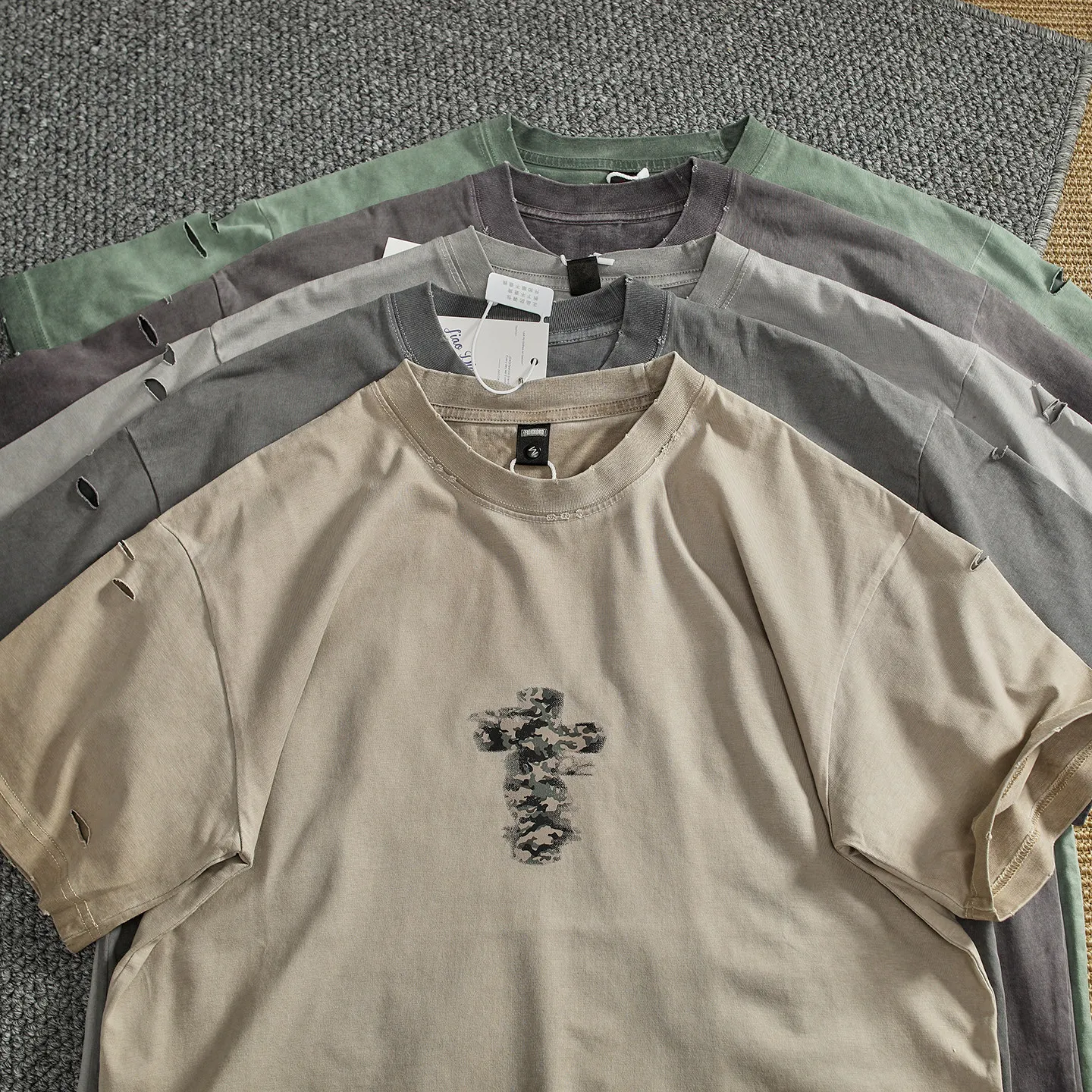 

Summer New American Retro Heavyweight Short-sleeved O-neck Hole Double-sided Printed T-shirt Men's 100% Cotton Washed Casual Top