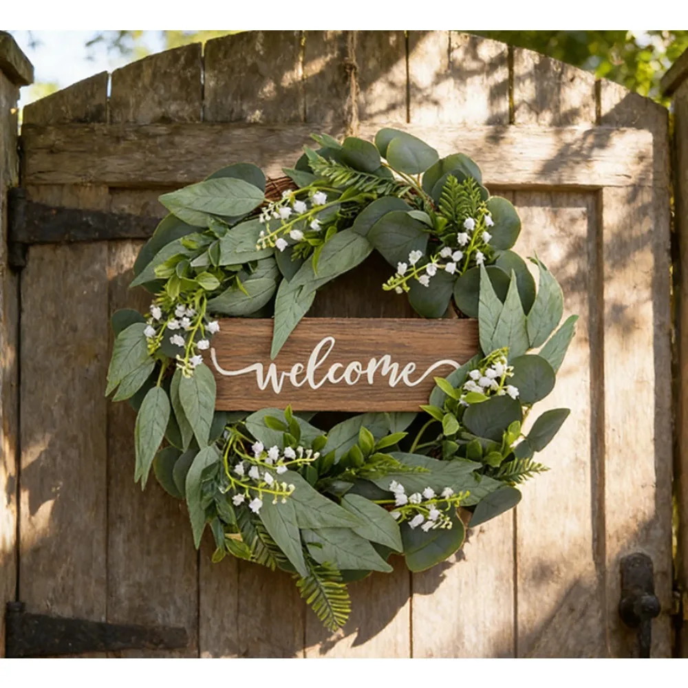 

Green Eucalyptus Wreath with Welcome Sign Artificial Eucalyptus Wreath Spring Summer Wreath for Front Door