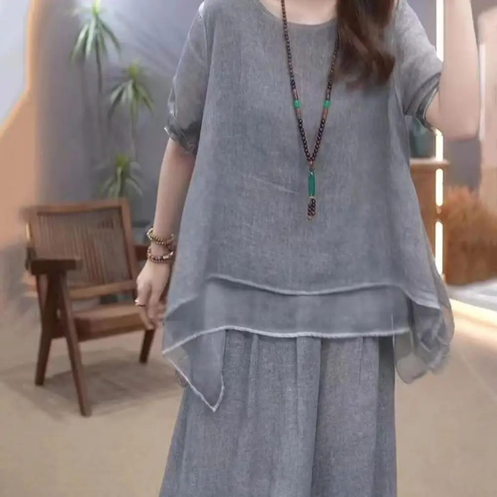 

Casual Solid Color Suit Stylish Women's Top Pants Set with Irregular Hem Blouse Wide Leg Trousers for Daily Leisure Dating