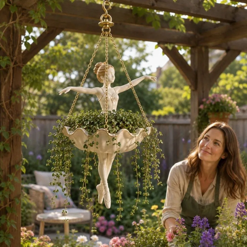 Resin Ballet Dancer Hanging Planter Whimsical Hand Carved Girl Hanging Plant Basket Vintage Weather Resistant Succulents Planter