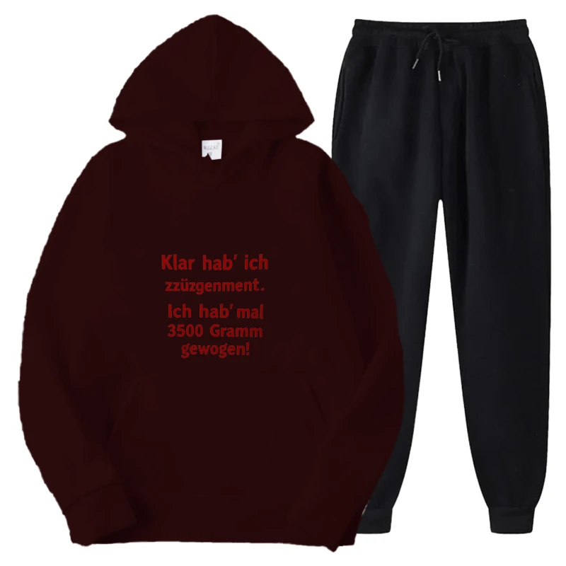 طقم هوديي مطبوع باللونين الأسود والعنابي، سويت شيرت وسروال بنص مضحك 3500 جرامًا للارتداء والهدايا غير الرسمية