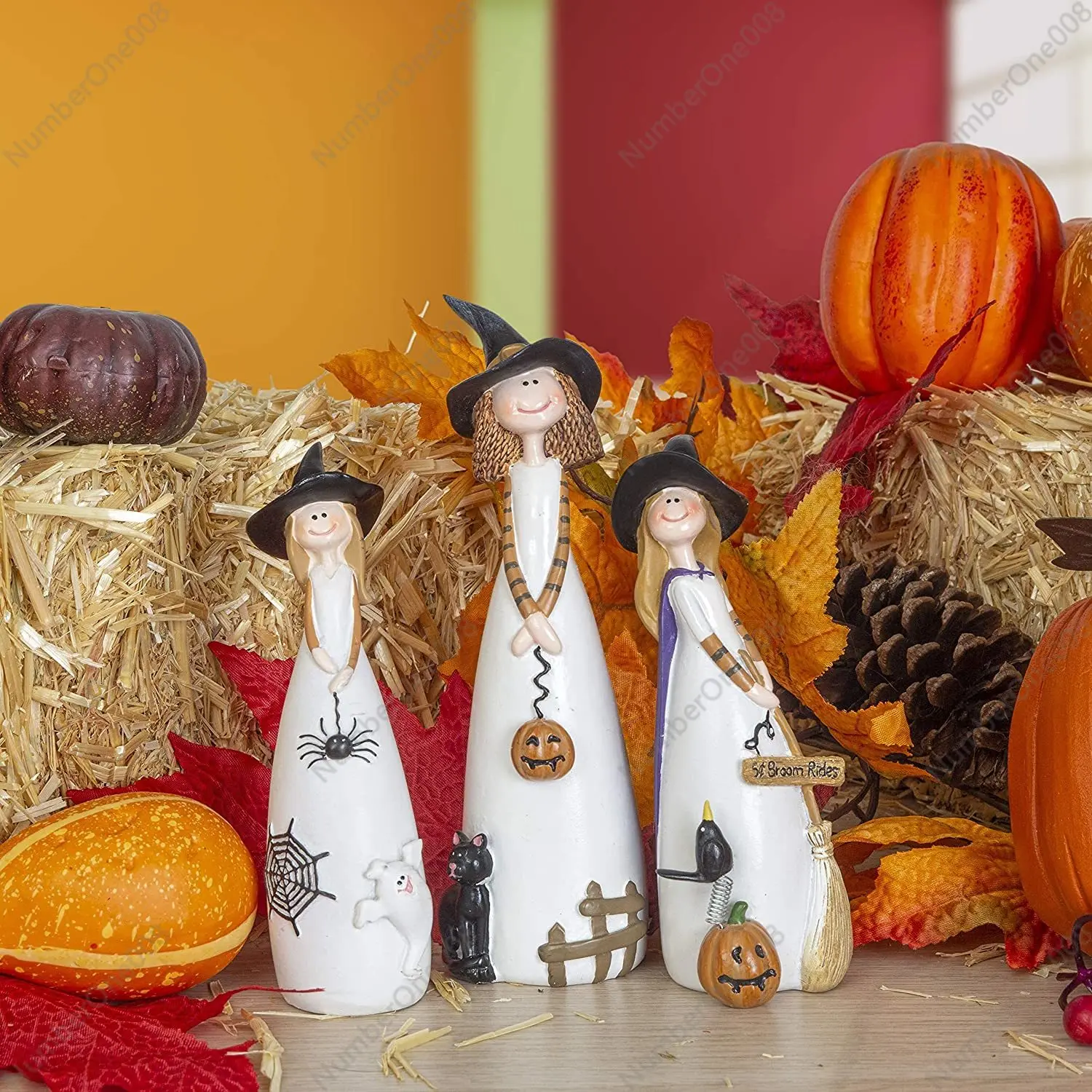 Halloween Witch Decoration Resin Crafts,Witch Hat,Cat,Ghost, Crow and Pumpkin Decor Figurines for Holiday and Party Ornaments