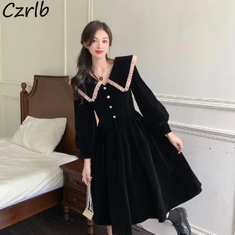 Dress Women Japanese Peter Pan Collar Lolita Retro French Velvet Long Sleeve Female Autumn Tunic Elegant Korean Style Party Chic