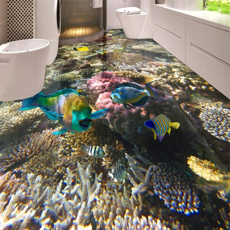 

HD Floor Tiles Waterproof Wallpaper For Bathroom Seabed Coral Tropical Fish 3D PVC Floor Painting Self-adhesive Wallpaper 2022