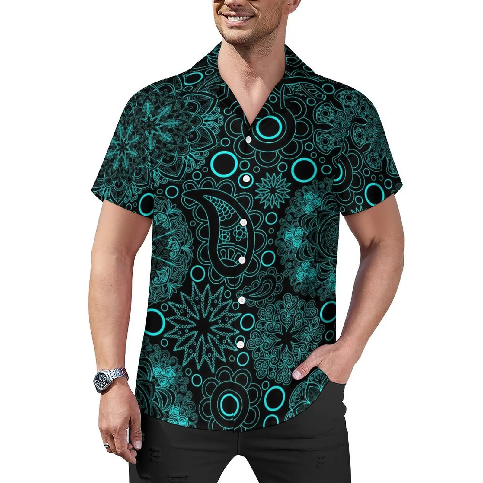 

Boho Paisley Vacation Shirt Men Blue Mandala Trendy Casual Shirts Summer Short Sleeves Comfortable Custom Oversized Blouses Gift