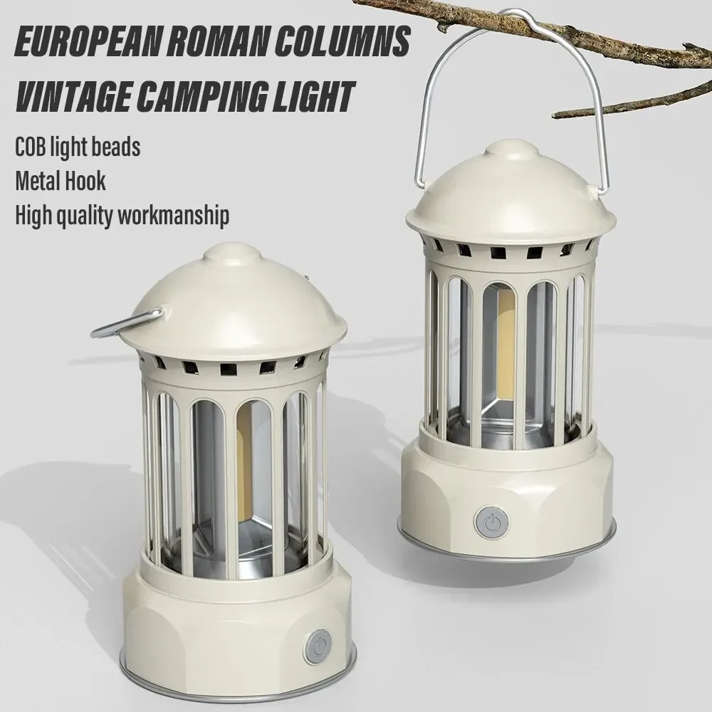 

European Roman Pillar Vintage Camping Lantern Flashlight Rechargeable Lamp With Hook Warm White Light For Camping, Exploring