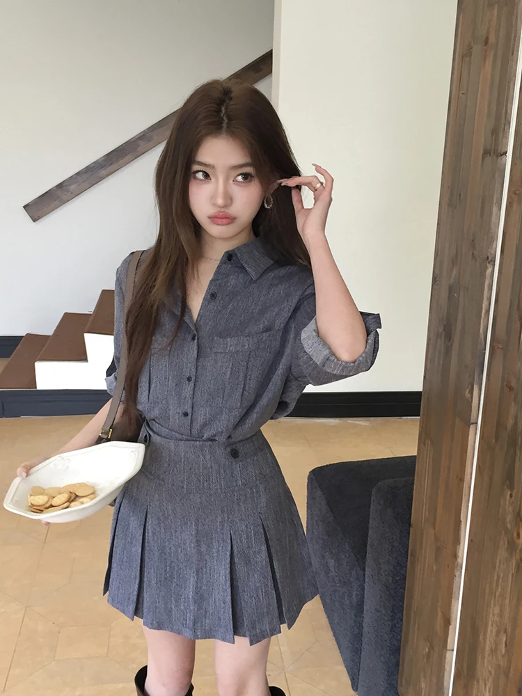 2025 mode coréenne Jean Legging 2 pièces ensemble femmes simple boutonnage conception hauts + Mini jupe plissée décontracté doux bureau dame costumes