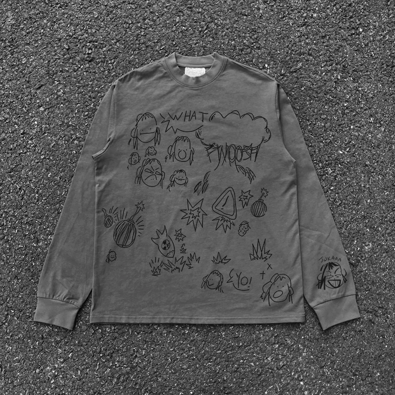 Visual Style Graffiti Long Sleeve T-Shirt Vintage Washed Lazy Style Youth Fashion Cotton Breathable round Neck Car Pattern