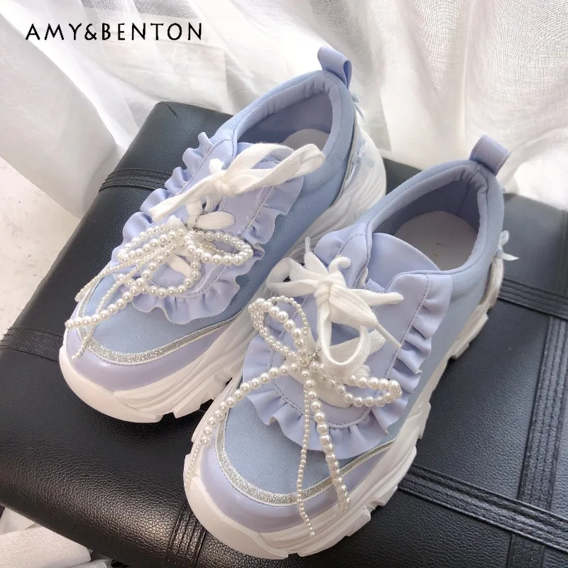 

2025 Autumn Japanese Ruffled Comfortable Detachable Pearl Bow Lace-Up Thick-Soled Sneakers Lolita Sweet Casual High Heels Women
