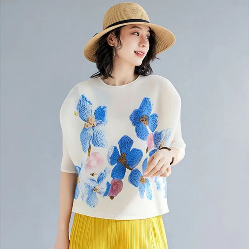 

Wrinkled New Summer Top Printed Loose 3/4 Sleeve T-shirt High end Elegance and Age Reducing Women's Thin Style