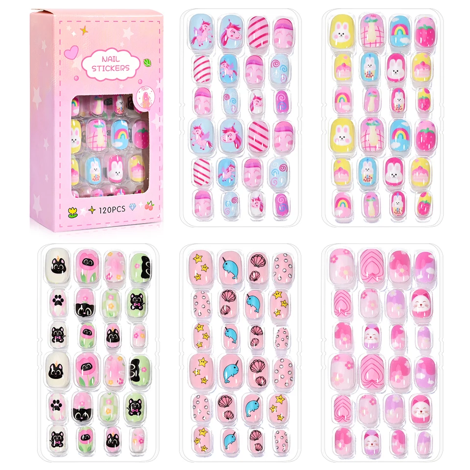 120 piezas/caja de uñas postizas para niñas princesa, de 6 a 14 años, kawaii con gatos, flores, arcoíris, incluye gel tipo gelatina, regalo para niñas 5