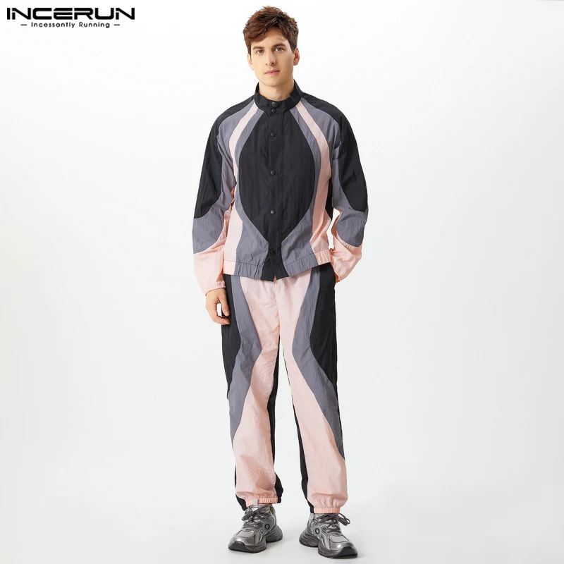 INCERUN American Style Sets Stylish Men's Spliced Contrast Long Sleeved Shirts Long Pant Casual Personality Suit 2 Pieces S-5XL