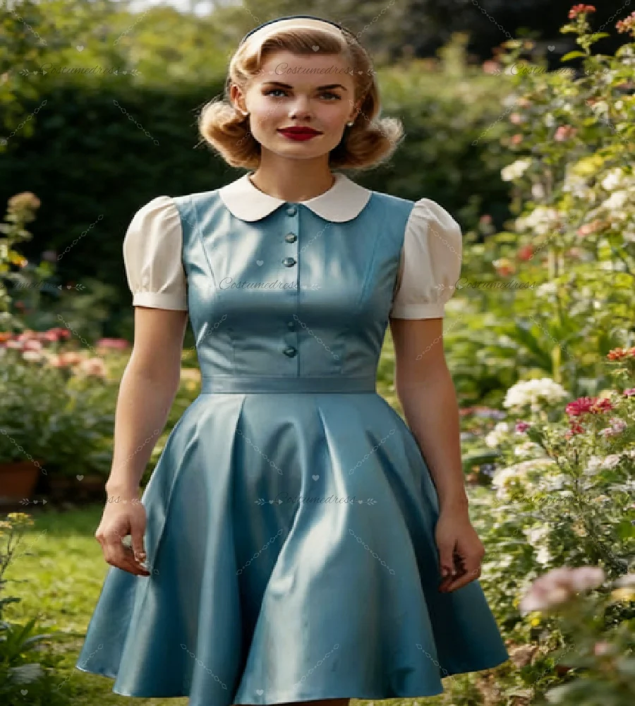 

Blue Vintage 1950s Dress Peter Pan Collar Puff Sleeve Fit and Flare Midi Evening Dresses Elegant Satin Short Prom Dress Party