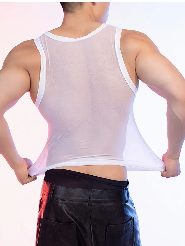 Sexy Thin Transparent Mens Clothing Tank Tops Exotic Breathable Gym Men Sleeveless Shirt Night Club High Elastic Vest Shaper