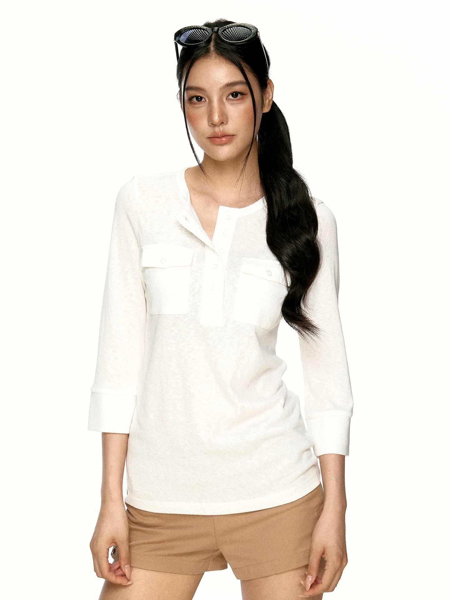 Slim Fit Henry Collar Short Sleeve T-Shirt Women's Light Weight Autumn Top Aaisup American Style Hot Girl Shoulder Length