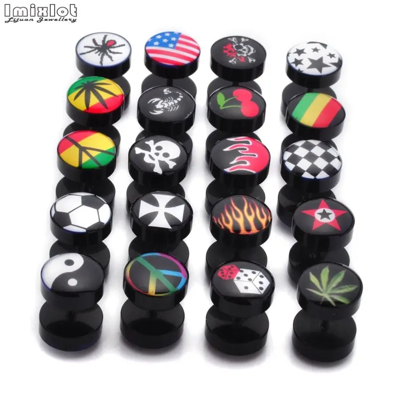 6pairs=12pcs Punk Double Sided Enamel Round Ear Stud Earrings For Women Men Dumbbells Barbell Piercing Jewelry