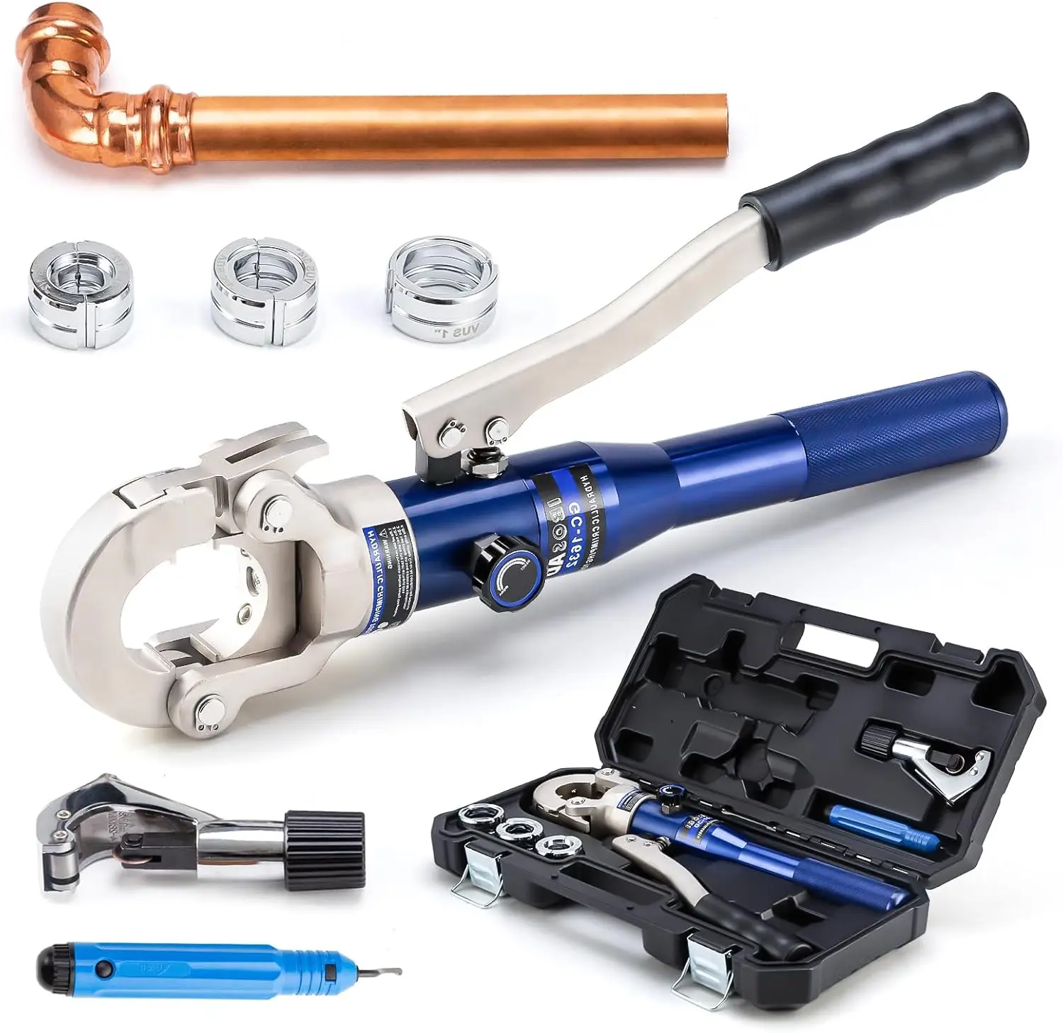 

Copper Tube Fittings Hydraulic Pipe Crimping Tool with 1/2",3/4",1" Jaw, Rotatable Head, Portable for Plumbing HVAC